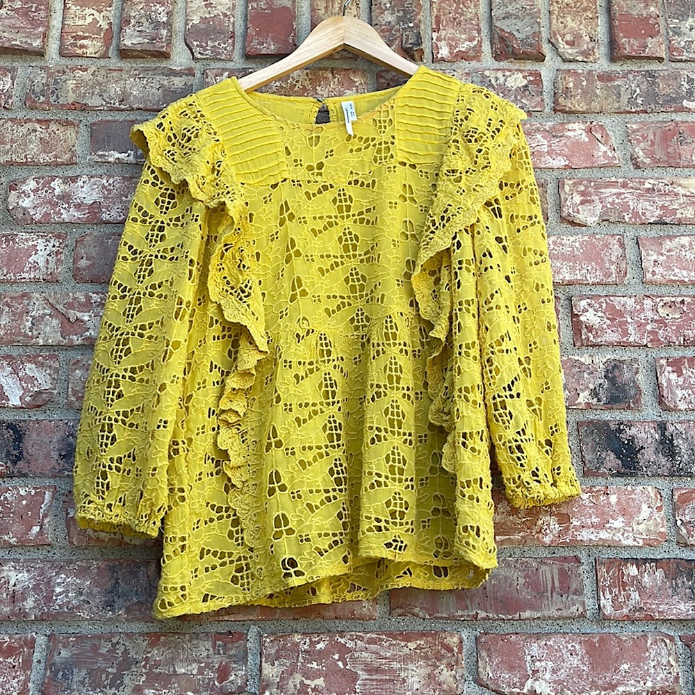 Anthropologie Yellow Clemetine Eyelet Long Sleeve Lined Boho Top Womens Size 8